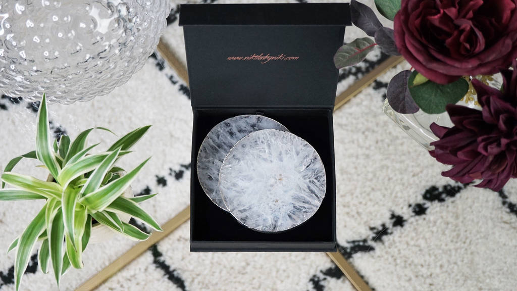 Silver Luxury Gift Box Set of 2 Nikita By Niki ® White Agate Large Round Crystal Coasters