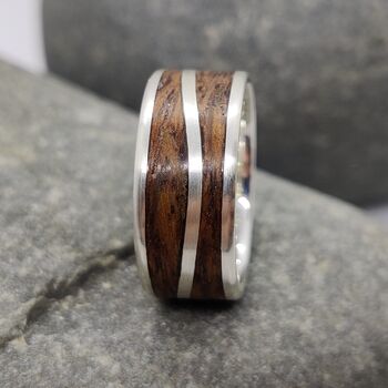 Silver Wave Ring With Dark Oak Inlay, 8 of 10