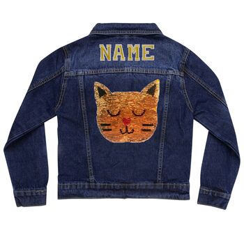 Personalised Kids Denim Jacket Reversible Sequin Cat, 6 of 9