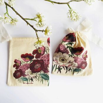 Organic Cotton Peony Print Reusable Pouches With Eco Satin Ribbon, 5 of 7