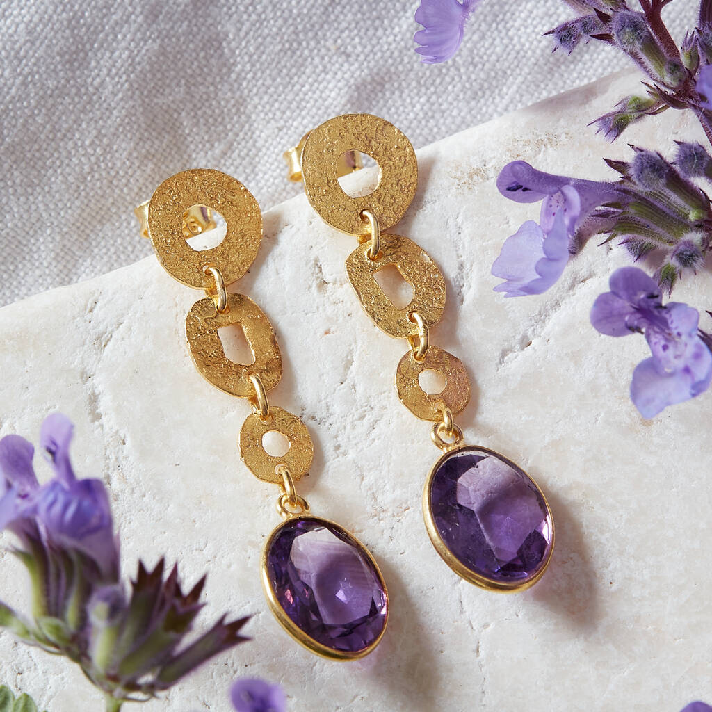 Amethyst Textured Gold Plated Silver Circle Earrings, 1 of 9