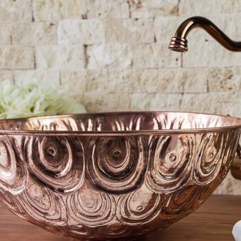Hand Engraved Copper Vanity Sink, Copper Floral Handcrafted Basin, 3 of 6