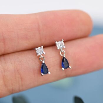Sapphire Blue Cz Dangle Round Droplet Stud Earrings, 3 of 11