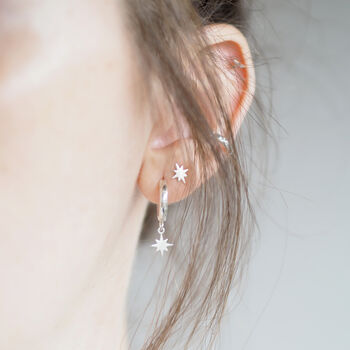 Sterling Silver Star Drop Huggie Hoop Earrings, 9 of 10