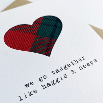 We Go Taegether Scottish Love Card With Real Tartan, 4 of 6
