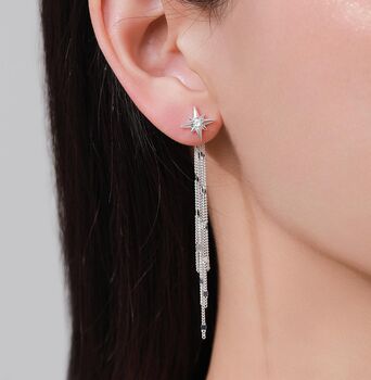 Sterling Silver Delicate Starburst Dangle Drop Stud Earrings, 2 of 12