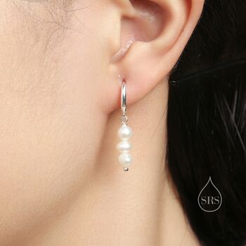 Sterling Silver Genuine Freshwater Pearl Trio Huggie Hoop Earrings, 3 of 10