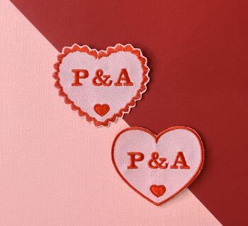 Personalised Pink And Red Valentines Couples Initials Embroidered Heart Iron On Fabric Patch, 4 of 6