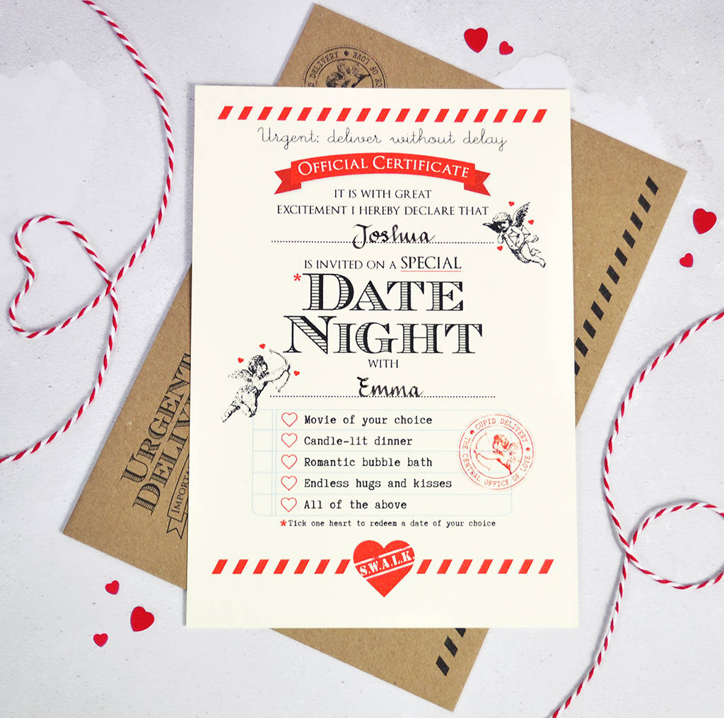 Personalised Date Night Certificate By Eskimo Kiss Designs