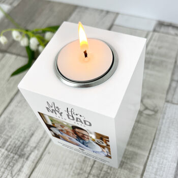 Personalised Memorial Bold Text White Wooden Photo Tea Light Holder, 3 of 6