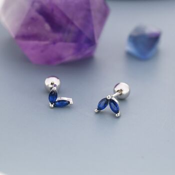 Sapphire Blue Cz Marquise Leaf Duo Barbell Earrings, 7 of 11