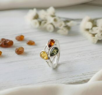 Handmade Tricolour Amber And Sterling Silver Teardrop Ring, 3 of 4