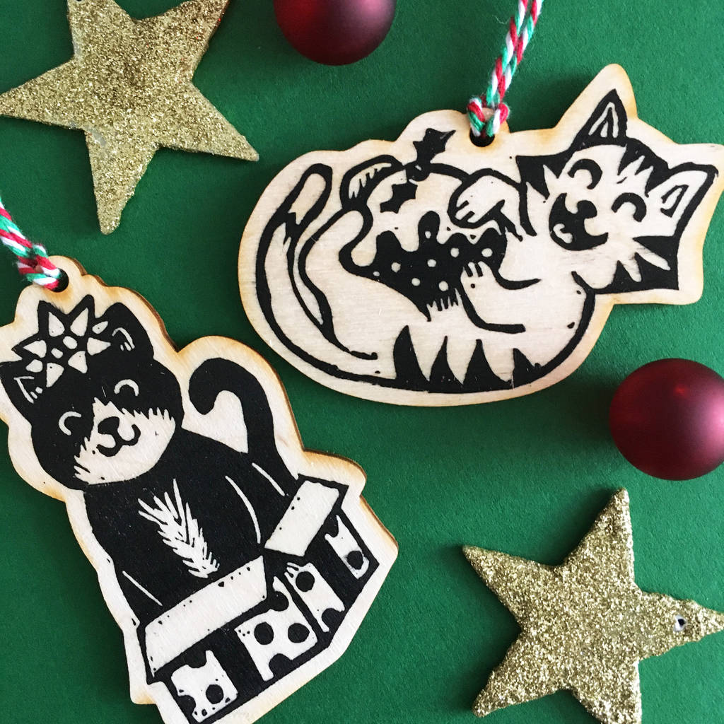 Wooden Cat Christmas Tree Decorations By Woah there Pickle