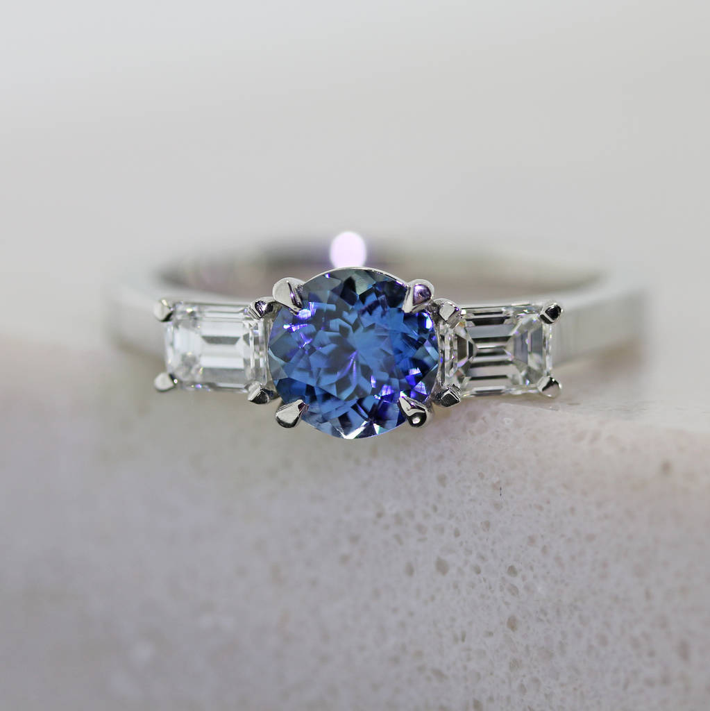 platinum diamond and blue sapphire trilogy ring by flawless jewellery ...