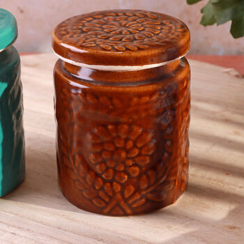 G Decor Embossed Bloom Handmade Ceramic Jars Storage With Floral Motif Lids, 4 of 4