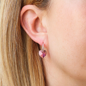 Crystal Pink Heart Sterling Silver Hoop Earrings, 2 of 3