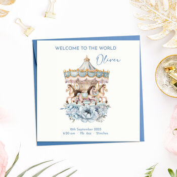 Personalised Carousel New Born Baby Boy Card, 2 of 7
