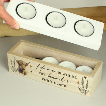 Personalised Highland Cow Triple Tea Light Holder Box, 4 of 6