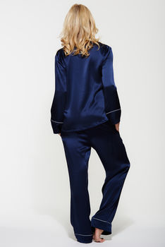 Navy Blue Silk Long Pyjama Set, 3 of 3