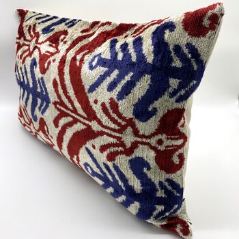 Oblong Velvet Ikat Cushion Red And Navy Abstract, 4 of 11