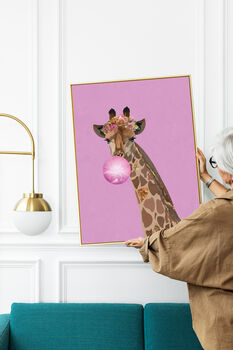 Pink Giraffe Bubble Gum Blowing Wall Art Print, 8 of 9