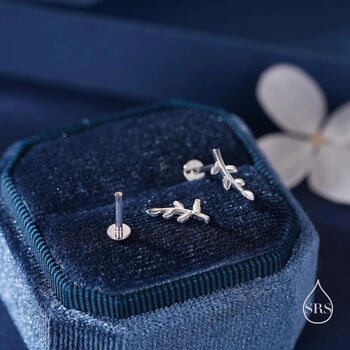 Tiny Leaf Internally Threaded Flat Back Earrings In Sterling Silver, 3 of 9