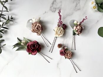 Burgundy, Rose Taupe And White Flower Hair Pins, 6 of 6