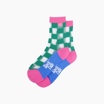Square Checkerboard Combed Cotton Sheer Pop Socks In Green, 3 of 4