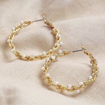 Large Twisted Gold Plated Pearl Hoop Earrings, 2 of 3
