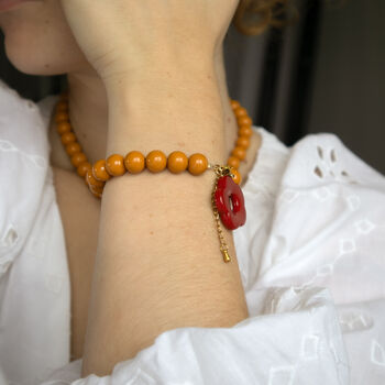 Mustard Bead And Cranberry Flower Toggle Necklace, 4 of 5