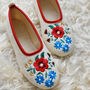 Cream Wool Ballerina Slippers/ Red Trimming/ Flower Pattern/ Folk Slippers, thumbnail 3 of 7
