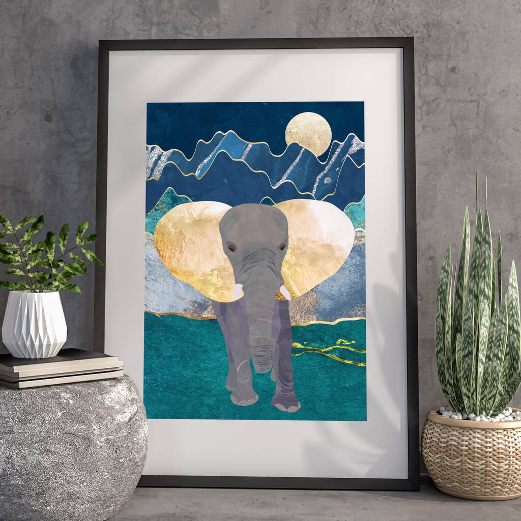 Gold Elephant Original Artwork Mountains And Moon Print, 1 of 5