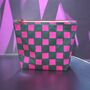 Large Cosmetic Bag Pink Checkered Pattern On Teal, thumbnail 1 of 3