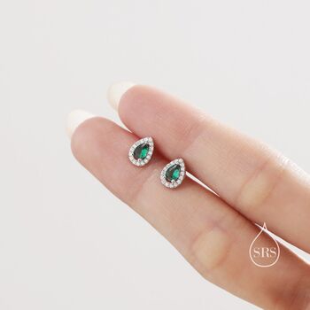 Sterling Silver Tiny Emerald Green Droplet Cz Halo Stud Earrings, 2 of 11