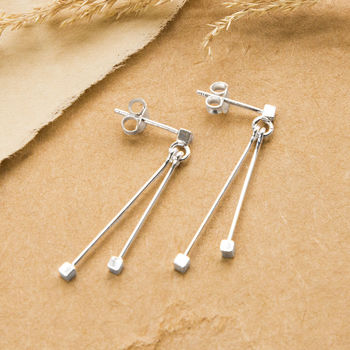 Sterling Silver Delicate Cube And Bar Stud Earrings, 2 of 4