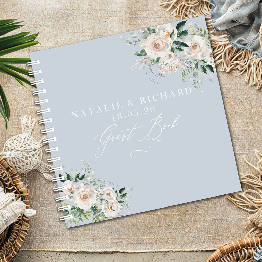 Dusty Blue Floral Wedding Guestbook, 1 of 1