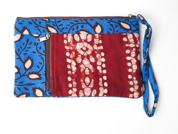 Fair Trade Wristlet Clutch Bag With Strap, Handmade Blue Red Phone Purse Wallet, 3 of 10