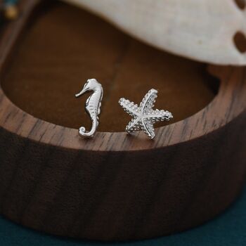 Sterling Silver Seahorse And Starfish Stud Earrings, 2 of 9