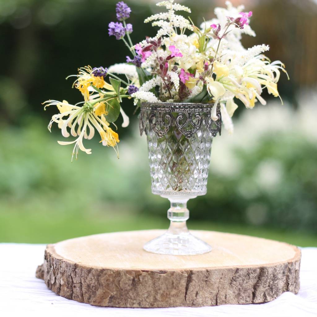 Pressed Glass Footed Vase/Candle Holder Metal Rim By The Wedding Of My Dreams