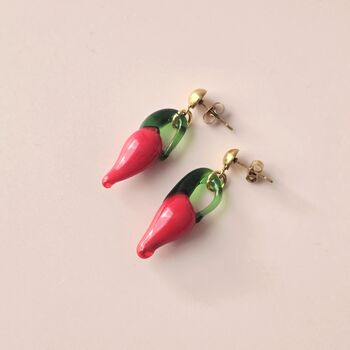 Red Hot Lampwork Glass Chilli Earrings Handmade, 3 of 4