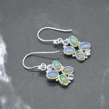 Floral Blue Opal Earrings: Silver, Cubic Zirconia, Dangle Drop, October Birthstone, 2 of 6
