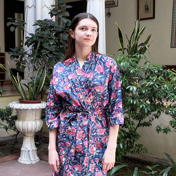 Navy And Pink Flower Block Print 100% Cotton Dressing Gown Kimono, 5 of 7