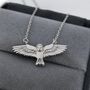 Flying Barn Owl Pendant Necklace In Sterling Silver, thumbnail 3 of 10