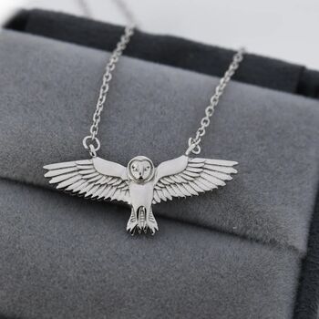Flying Barn Owl Pendant Necklace In Sterling Silver, 3 of 10
