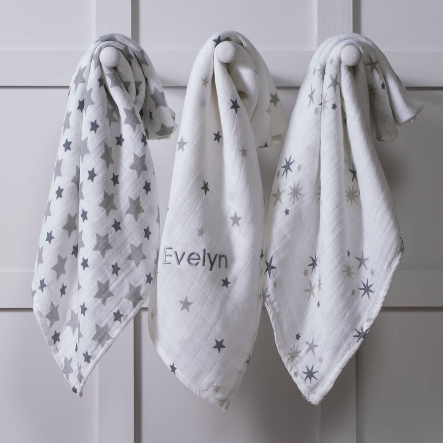 personalised three baby muslin squares in five designs by that's mine
