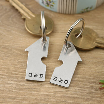 Housewarming Gift House Shaped Pair Of Personalised Keyrings With Cutout Heart, 3 of 6