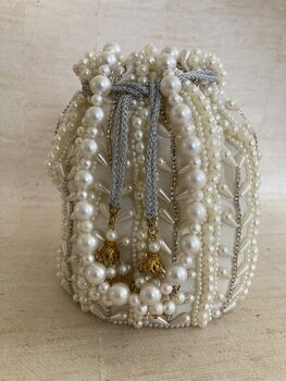 Handcrafted Ivory Pearl Potli With Pearl Wrist Chain, 2 of 9