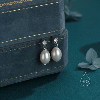 Sterling Silver Genuine Freshwater Pearl And Cz Drop Earrings, 3 of 10