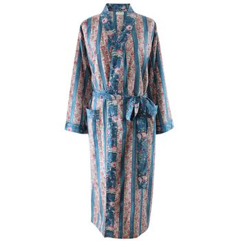 Block Printed Blue And Pink Floral Stripe Cotton Dressing Gown, 4 of 4