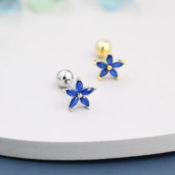 Sapphire Blue Cz Flower Screw Back Earrings, 4 of 11